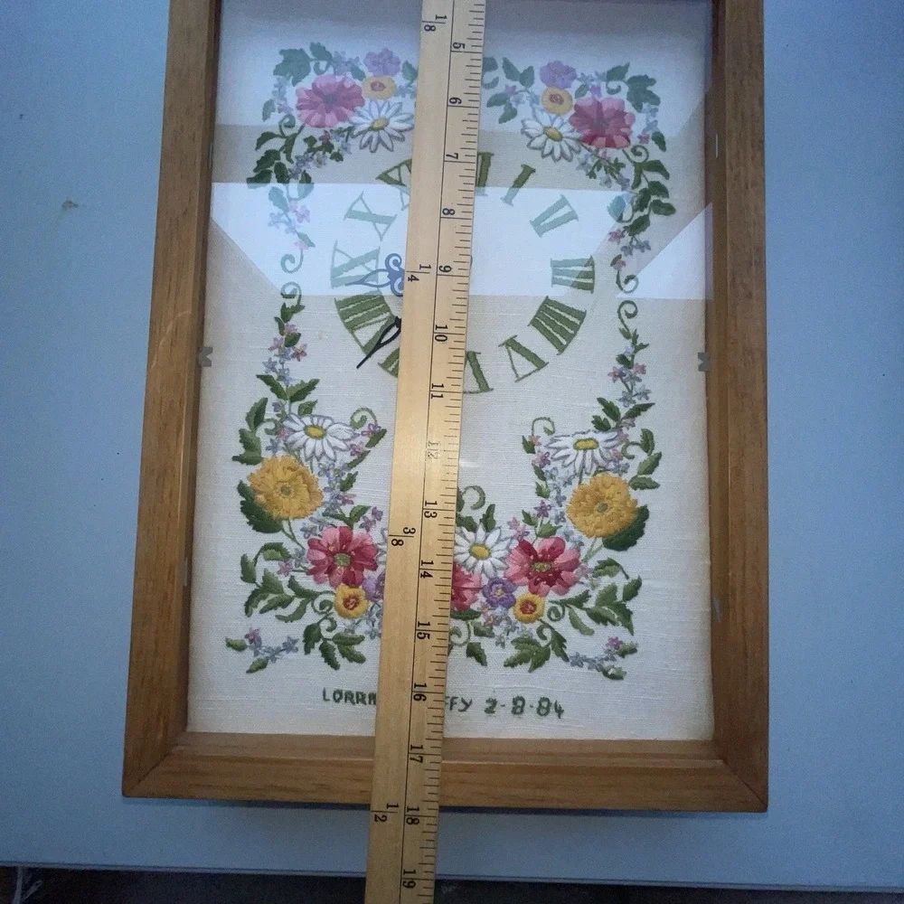 Hand Made Cross Stitch Clock In Wood Shadow Glass Box Plug-In 10.5